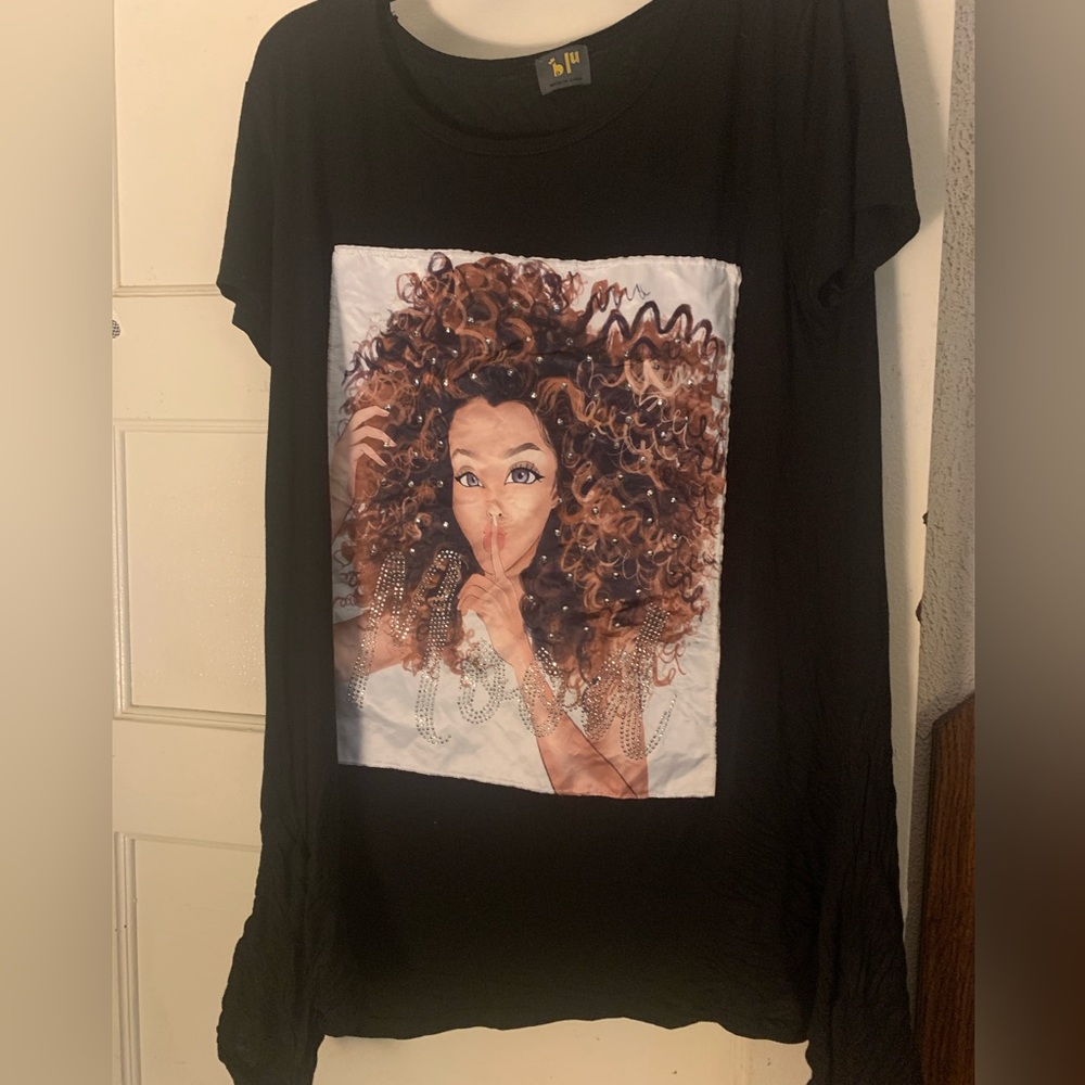 Black flare blouse , graphic print , 3d rinestones